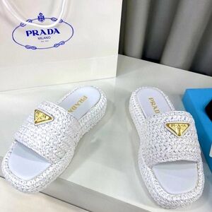 Prada Raffia Single-Band Platform Flatform Slides